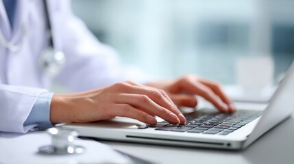 Doctor using laptop to find medical information to treat patient (close-up, focus on copy space)