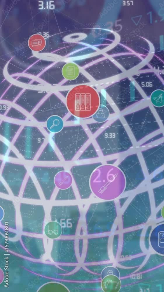 Poster animation of network of digital over spinning globe and data processing against tall building