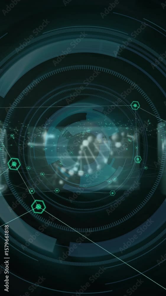 Poster animation of padlock and data processing over screens