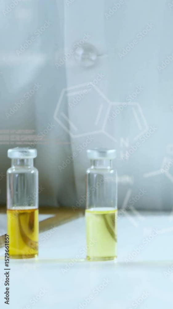 Poster animation of data processing and chemical formula over caucasian male scientist doing experiment