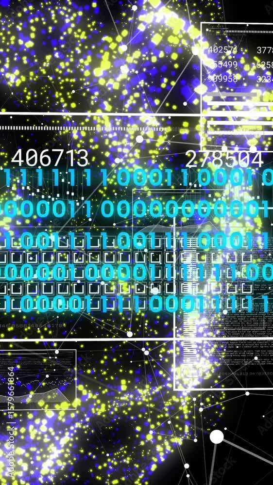 Poster animation of digital data processing binary coding over floating mesh on black background
