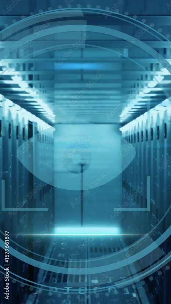 Poster animation of scope scanning with eye icon and data processing over server room