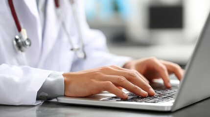 Doctor using laptop to find medical information to treat patient (close-up, focus on copy space)
