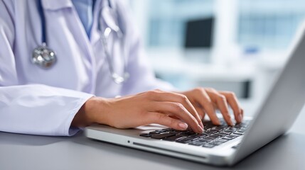 Doctor using laptop to find medical information to treat patient (close-up, focus on copy space)