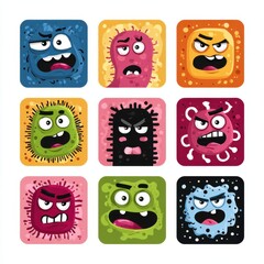 Fototapeta premium Microbe Squad: An eye-catching pattern of quirky, cartoon microbes in square frames, each with a unique expression, illustrating the diverse nature of the microscopic world.