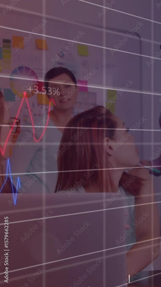 Poster animation of data processing and diagrams over diverse business people discussing work