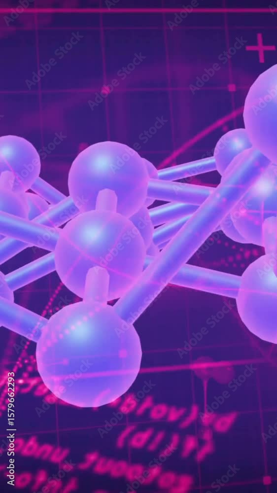 Poster animation of network of connections with molecules over data processing on black background