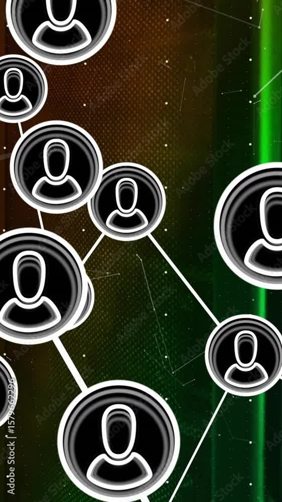 Poster animation of connections with people icons and data processing over computer servers