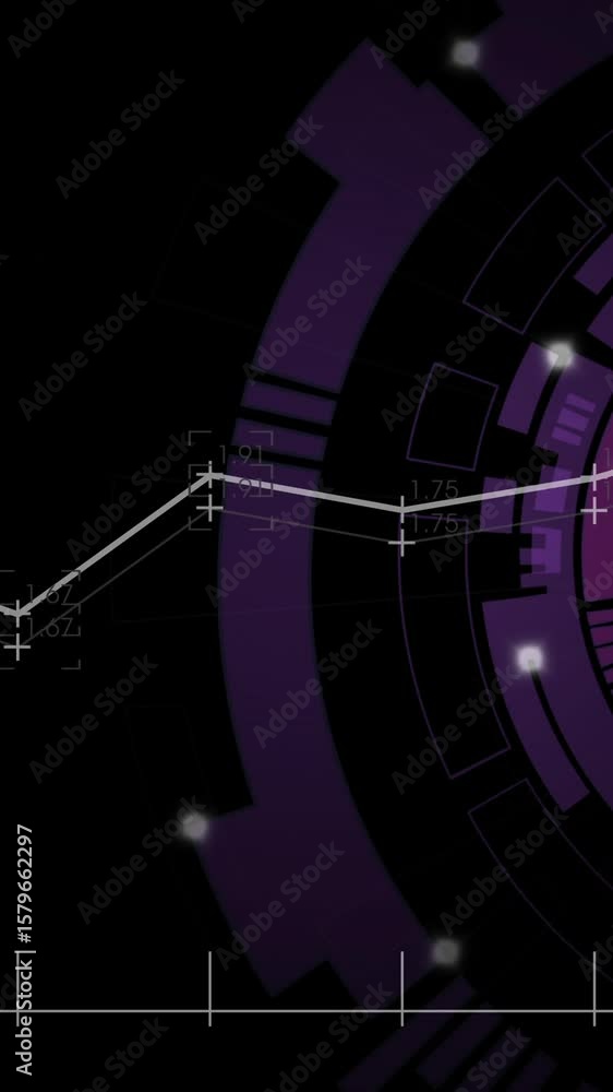 Poster line graph with data points over abstract purple and black circular animation