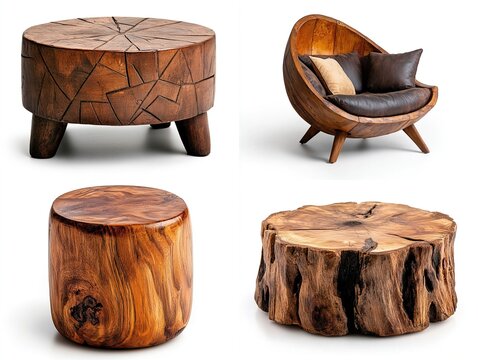 Four unique wooden furniture pieces a segmented side table, egg-shaped chair, a stool, and a tree-trunk table