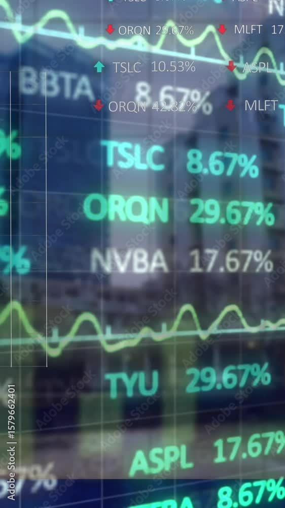 Poster animation of statistical and stock market data processing against tall building