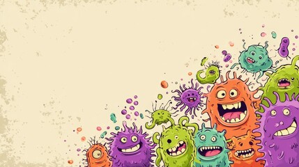 Naklejka premium A Playful gathering of microbes: An animated, illustrative depiction of a variety of vibrant and friendly microbes, suggesting a scene of animated activity. 