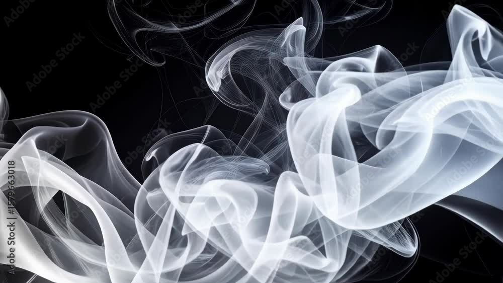 Poster elegant translucent white smoke flowing and swirling against a stark black backdrop creating abstrac