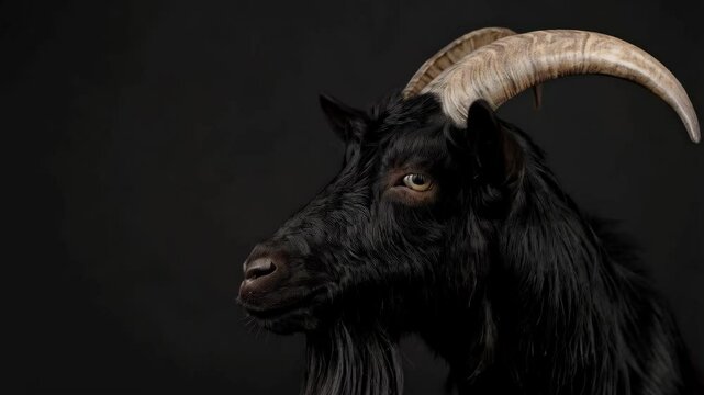 Studio portrait of a black goat with long horns against a dark background, showcasing its features and textures.