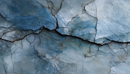 Blue rock face, cracked surface, mountain backdrop, background. Potential use texture