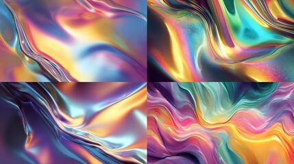 Four vibrant abstract images with flowing iridescent textures, showcasing a dynamic interplay of light and color