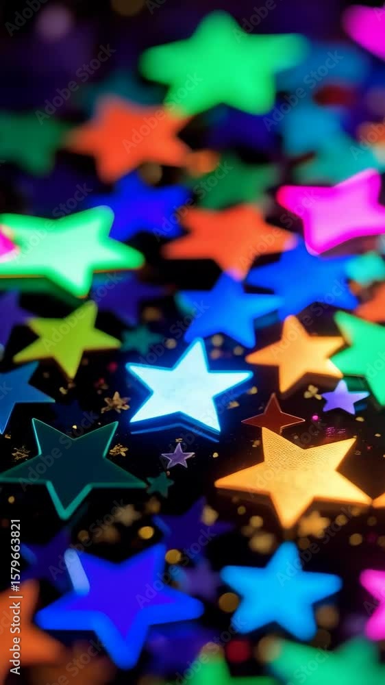 Poster close-up of colorful, vibrant glowing stars on a dark surface, creating a festive abstract backgroun