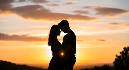Young couple embracing at sunset with warm golden light  Silhouette of couple on a hill  enjoying beach sunset