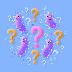 Mysterious Microbes: A vibrant illustration of curious microbes clustered around a question mark, inviting exploration and intrigue. Perfect for educational purposes or adding a touch of curiosity.