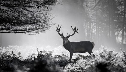 misty morning scene of a red deer stag in woodland with black and white background