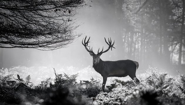 misty morning scene of a red deer stag in woodland with black and white background
