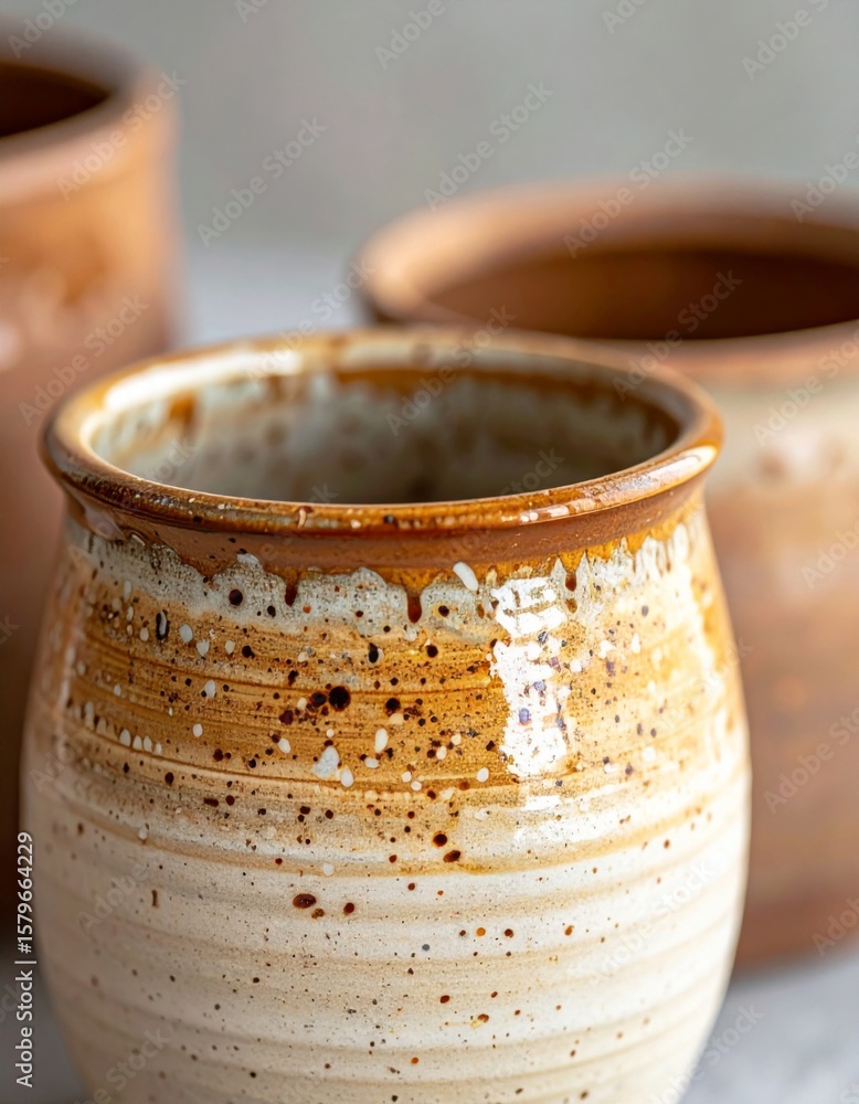 Poster handcrafted ceramic pots in neutral tones in a studio setting with rustic texture