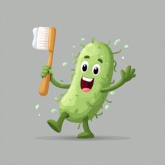 Happy Germ with Toothbrush: A cheerful cartoon germ character joyfully waves while holding a toothbrush, promoting dental hygiene in a fun and engaging way.