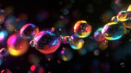 Rainbow-colored bubbles with prism light effects on a black velvet background, striking and elegant, colorful bubbles, luxury theme.