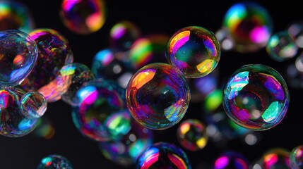Rainbow-colored bubbles with prism light effects on a black velvet background, striking and elegant, colorful bubbles, luxury theme.