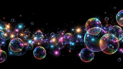 Rainbow-colored bubbles with prism light effects on a black velvet background, striking and elegant, colorful bubbles, luxury theme.