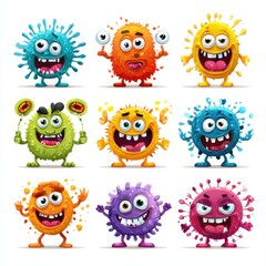 Fototapeta premium Colorful Cartoon Microbes: A vibrant collection of friendly, cartoonish microbes, each with unique features and expressions, embodying the diversity of microscopic life in a playful.