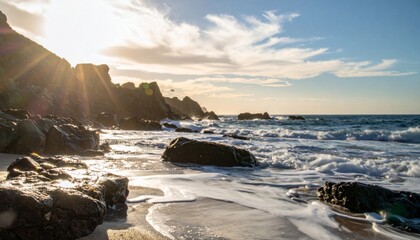 Dramatic Sunlight Shines Through Clouds Over Rocky Coastline with Crashing Waves