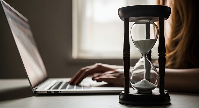 Time Management: Woman Working on Laptop with Hourglass