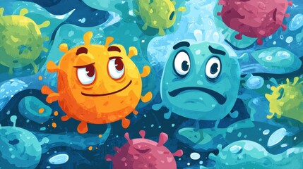 Obraz premium Comic Microbe Interactions: Colorful cartoon microbes with expressive faces engage in dynamic interactions, creating a playful yet informative visualization of the unseen world of microorganisms.