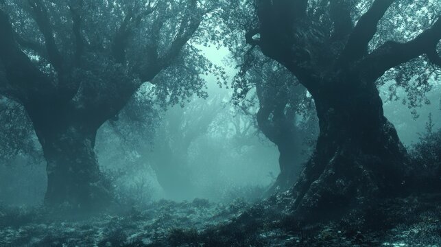 Mystical, misty forest scene with ancient trees