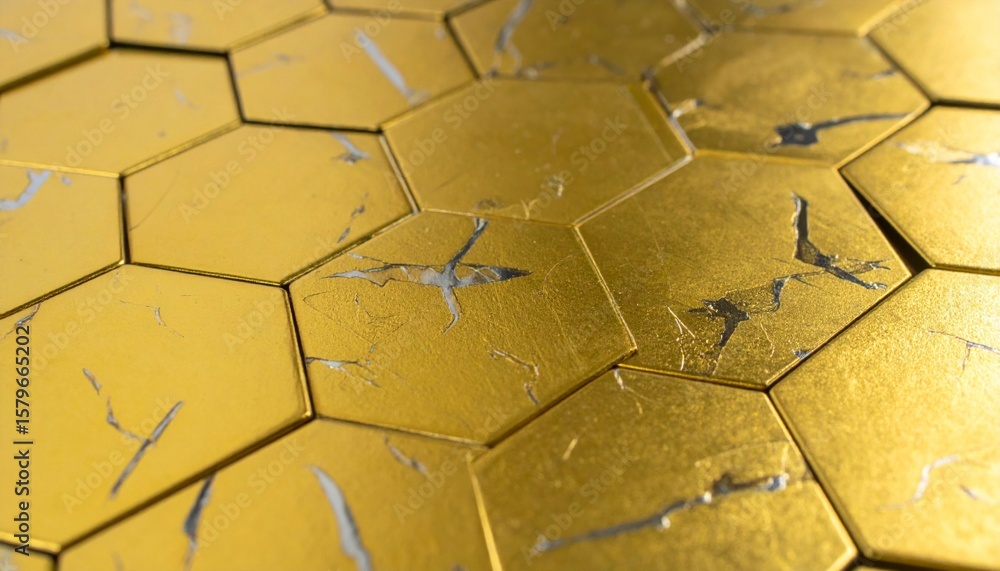 Poster detailed golden hexagonal tiles with geometric pattern and abstract metal design