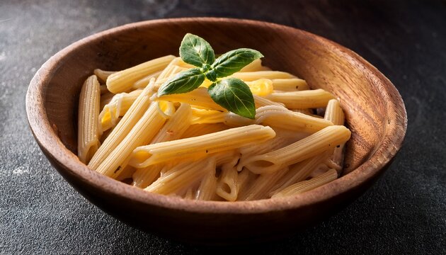 delicious cooked bucatini pasta in rustic wooden bowl close up food photography