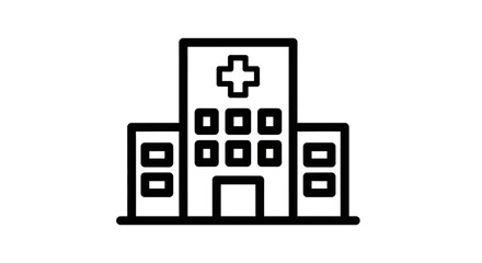 Simple black line drawing of a hospital building with a plus sign.