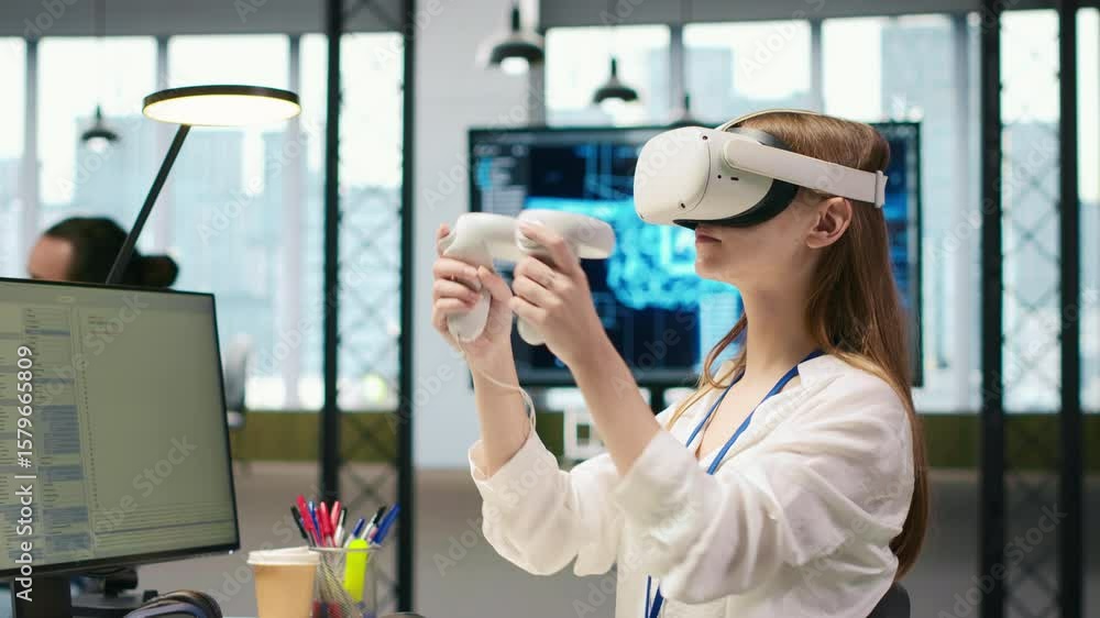 Poster female technician wearing vr goggles coding with ai language model assistance in startup office. you