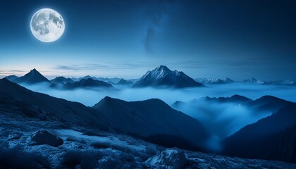 moonlit misty mountain range at night