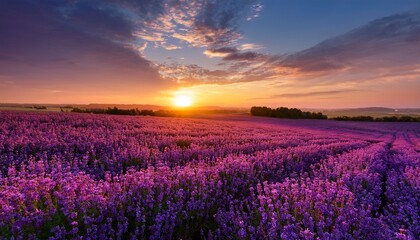 breathtaking sunset over vibrant field of purple flowers creating dreamy atmosphere and tranquil scene