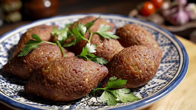 Delicious Kibbeh Garnished with Fresh Parsley On Ornate Blue Plate On Wooden Table