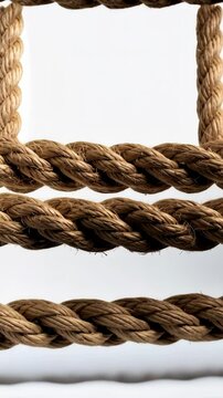Close up of a square frame made of brown natural fiber rope against a white background, nautical and rustic textured design element.