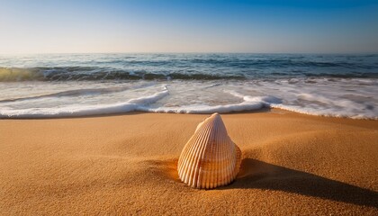 tall conch shell partially buried in golden sand gentle waves in the blurred background minimal and stylish