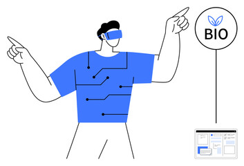 Person wearing VR headset engaging with digital circuits on shirt and bio-tech concept icon. Ideal for technology, innovation, sustainability, futurism, bioengineering, virtual reality, user