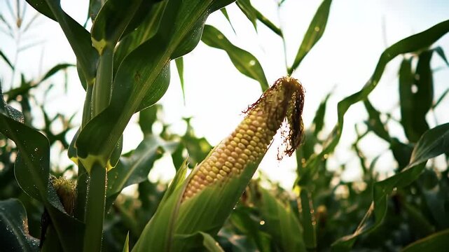 Ears of Corn on Stalks in Field During Sunny Day With Green Leaves