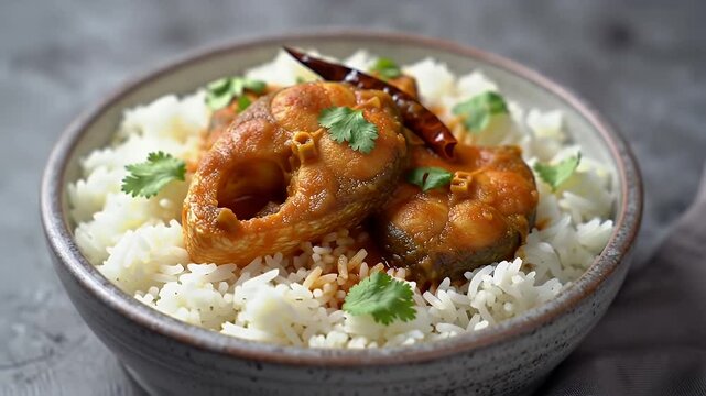 Fish Curry Delight with Rice Cilantro and Chili in a Bowl on a Textured Gray Tabletop