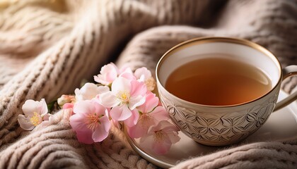 tea cup and flowers on cozy blanket