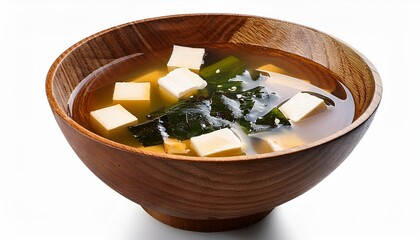 miso soup with nori and white tofu pieces in a wooden bowl isolated on a white background