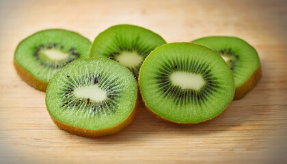 fresh green kiwi fruit slices packed with vitamins like vitamin c fiber antioxidants and great nutrition for a healthy dessert smoothie or salad recipe promoting wellness
